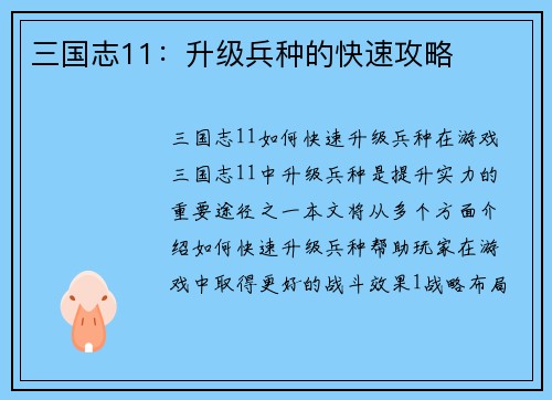 三国志11：升级兵种的快速攻略